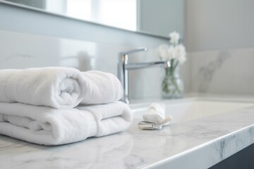 Shampoo, towels, ample space on white marble bathroom countertop. Generative AI