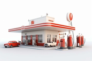 A gas station depicted in 3D, appearing on a white background. Generative AI
