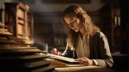 Portrait of a woman in a quiet archive meticulously studying ancient manuscripts and historical records - obrazy, fototapety, plakaty