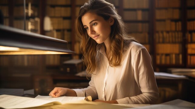 Portrait of a woman in a quiet archive meticulously studying ancient manuscripts and historical records