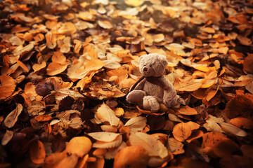 Rear view Teddy bear doll sitting on autum leaves at footpath. Black view lost bear toy looking out on the bicycle path, Lonely ted sitting alone at woodland, International missing children's day