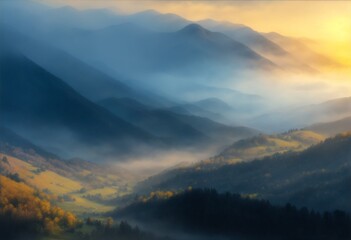 Landscape of high mountains in the early morning, fog.