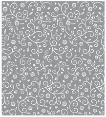 Seamless Swirls With Floral And Leaves Pattern On Gray Background