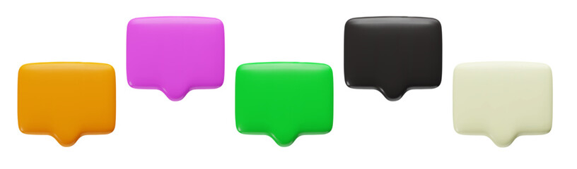 3d blank Speech Bubbles set. Three dimensional orange, purple, green, black and white chat boxes with copy space for text. Vector objects isolated on white background.