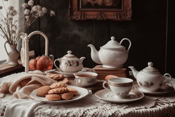 Obraz na płótnie Canvas Vintage Scandinavian tea time with aesthetic coffee break vibes. Generative AI