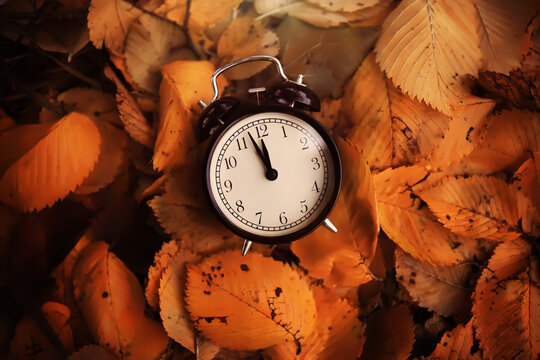 Black alarm clock on colorful maple leaves background. Closeup. Time change concept.