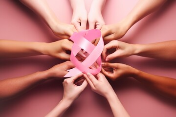 women fighting breast cancer Several hands bringing together a pink health ribbon
