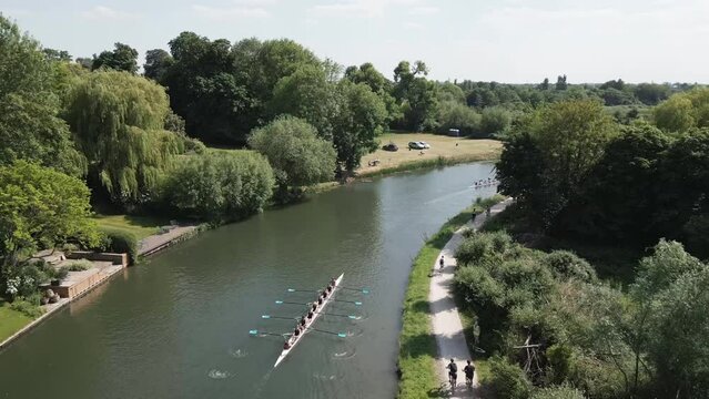 Aerial video of the River Cam and city streets in Cambridge UK 