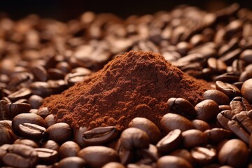 Coffee beans and ground coffee on a dark background, close up. Generative AI