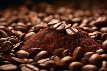 Coffee beans and ground coffee on a dark background, close up. Generative AI