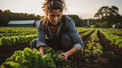 Portrait of a woman on her sprawling farm tending to crops and livestock - obrazy, fototapety, plakaty