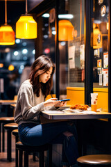 an asian woman have lunch at a fast food restaurant