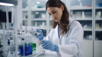 Portrait of a woman in a well-organized compounding lab meticulously preparing custom medications - obrazy, fototapety, plakaty