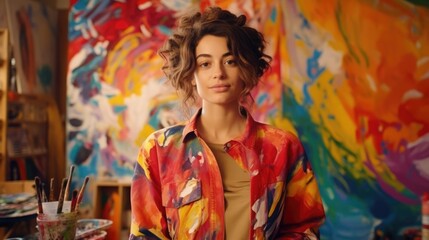 Portrait of a woman in her colorful studio passionately painting vibrant canvases