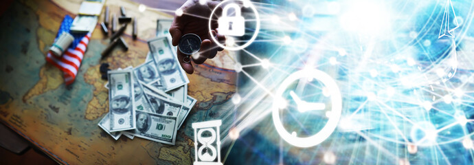 Magnetic compass. The concept of finding successful solutions problems. Compass, map, sleeves, hands.