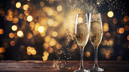 Two glasses of champagne on a New Year's background