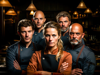 Fototapeta premium a group of chefs, men and women, looking serious. arms folded. looking directly forward