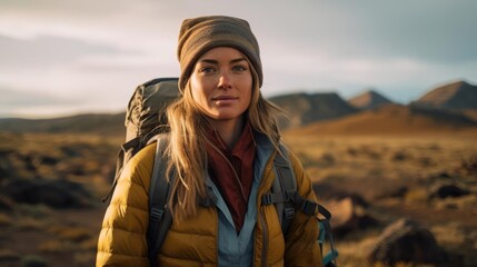 Naklejka premium Portrait of a woman in the field exploring rugged terrains