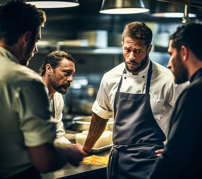 a chef discussing with other chefs in a hotel kitchen