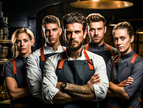 a group of chefs, men and women, looking serious. arms folded. looking directly forward
