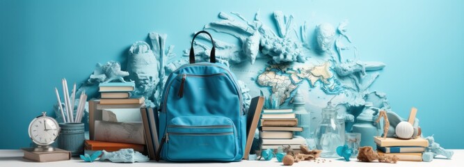 Colorful Backpacks and Textbooks Set Against monochrome background, Representing Back to School Theme and Eager Anticipation to Start New Academic Year