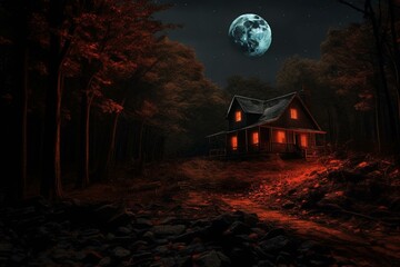 Spooky cabin in dark woods lit by red lights under full moon. Generative AI