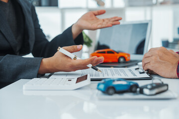 Businessman completes successful car purchase transaction by gifting car keys after finalizing contract signing, great investment, handover of keys, satisfaction purchase new or used vehicle