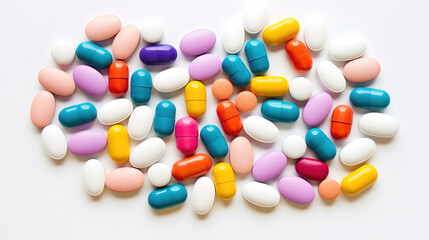 Multicolored pills on a white background