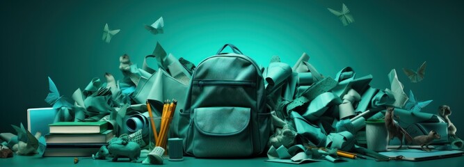 Green backpack with alarm clock and school equipment. Back to school concept on green background 3D Rendering, 3D Illustration