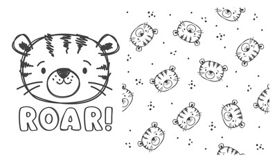 Vector set. Printable print and seamless abstract vector pattern. Cute tiger cub and Roar lettering. Children's hand-drawn line drawing . Vector illustration