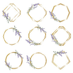 Floral Collection. A set of frames for wedding design. Lavender, gold frames. . Vector illustration