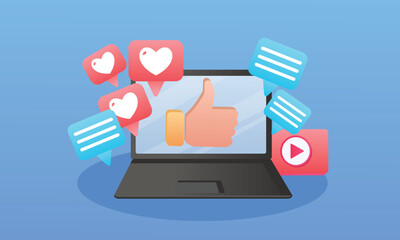 Social Media Marketing Ideas Minimal social networking icons on computer screen.on blue background.Vector Design Illustration.