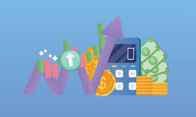 Rendering Bar Chart On the calculator screen with silver coins and arrows rising.on blue background.Vector Design Illustration.