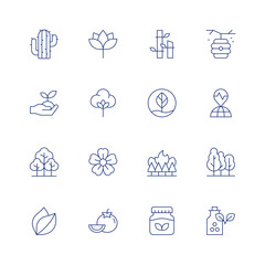 Nature line icon set on transparent background with editable stroke. Containing cactus, ecology and environment, forest, leaf, lotus, organic cotton, sakura, tomato, bamboo, earth, herbal, beehive.