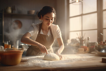 cute girl Focus on kneading bread dough to make a variety of breads in a kitchen with plenty of natural light.