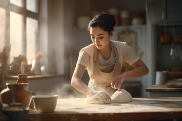 cute girl Focus on kneading bread dough to make a variety of breads in a kitchen with plenty of natural light.