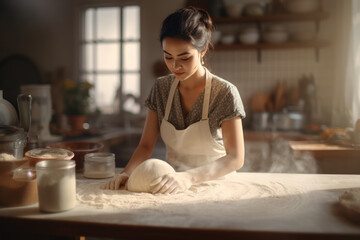 cute girl Focus on kneading bread dough to make a variety of breads in a kitchen with plenty of natural light.