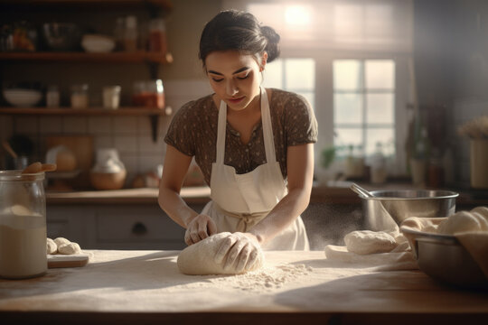 cute girl Focus on kneading bread dough to make a variety of breads in a kitchen with plenty of natural light.