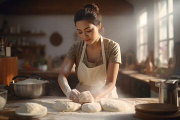 cute girl Focus on kneading bread dough to make a variety of breads in a kitchen with plenty of natural light.