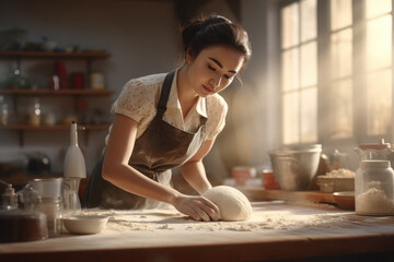 cute girl Focus on kneading bread dough to make a variety of breads in a kitchen with plenty of natural light.
