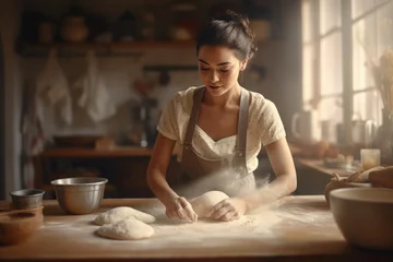 Abwaschbare Fototapete Brot cute girl Focus on kneading bread dough to make a variety of breads in a kitchen with plenty of natural light.