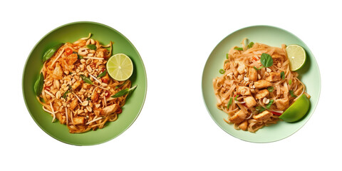 Chicken Pad Thai with peanut lime scallion transparent background plate isolated