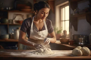 Gartenposter Brot cute girl Focus on kneading bread dough to make a variety of breads in a kitchen with plenty of natural light.