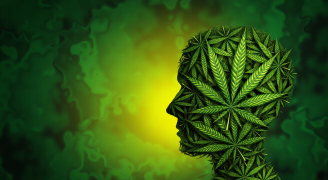 Marijuana Health risks and cannabis smoking dangers with cognitive function and lung disease as a human head with weed leaves as recreational pot