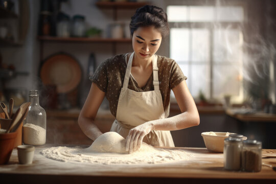 cute girl Focus on kneading bread dough to make a variety of breads in a kitchen with plenty of natural light.