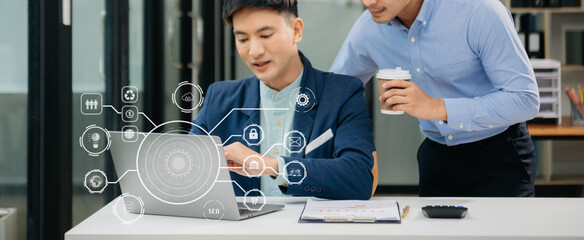 .Business team partnership meeting concept. hand using laptop, tablet and smartphone  in office. Digital marketing media mobile app in virtual icon screen