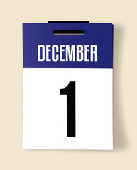 1 December Calendar Date, Realistic calendar sheet hanging on wall