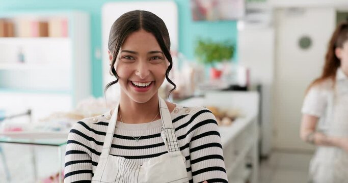 Happy, waitress and bakery with face of woman in store for entrepreneur, cake or cafe. Baker, retail or small business owner with portrait of person in coffee shop for bread, food industry or dessert