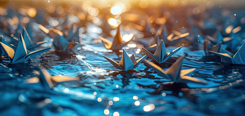A group of origami cranes floating in the water