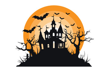 Silhouette of a castle, halloween background with house,spooky halloween background with castle, halloween castle with moon, Silhouette